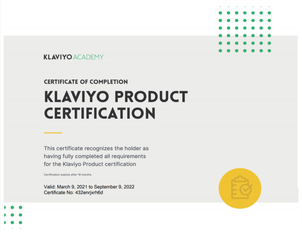 Klaviyo certificate of completion